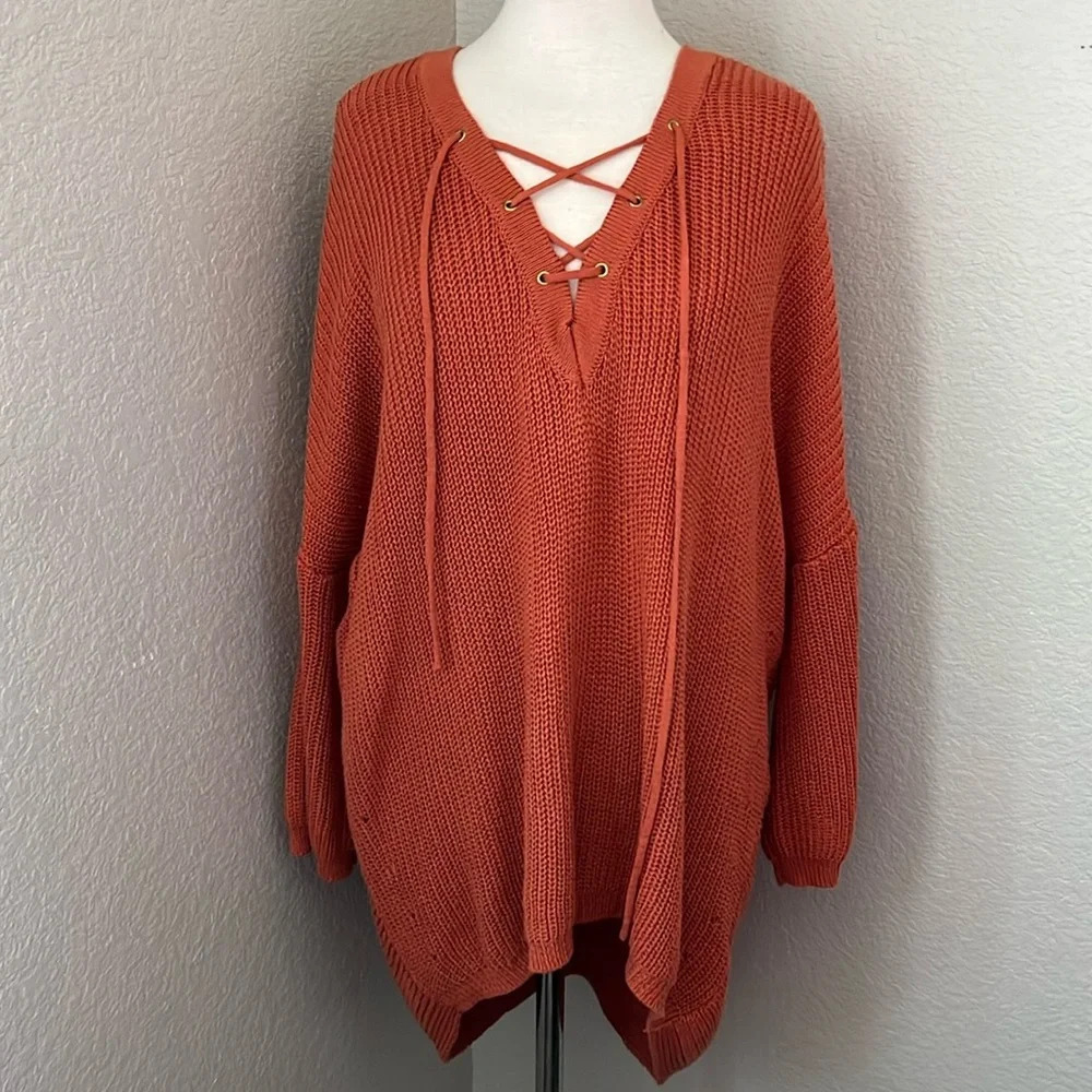 HYFVE burnt orange chunky knit v-neck lace up sweater